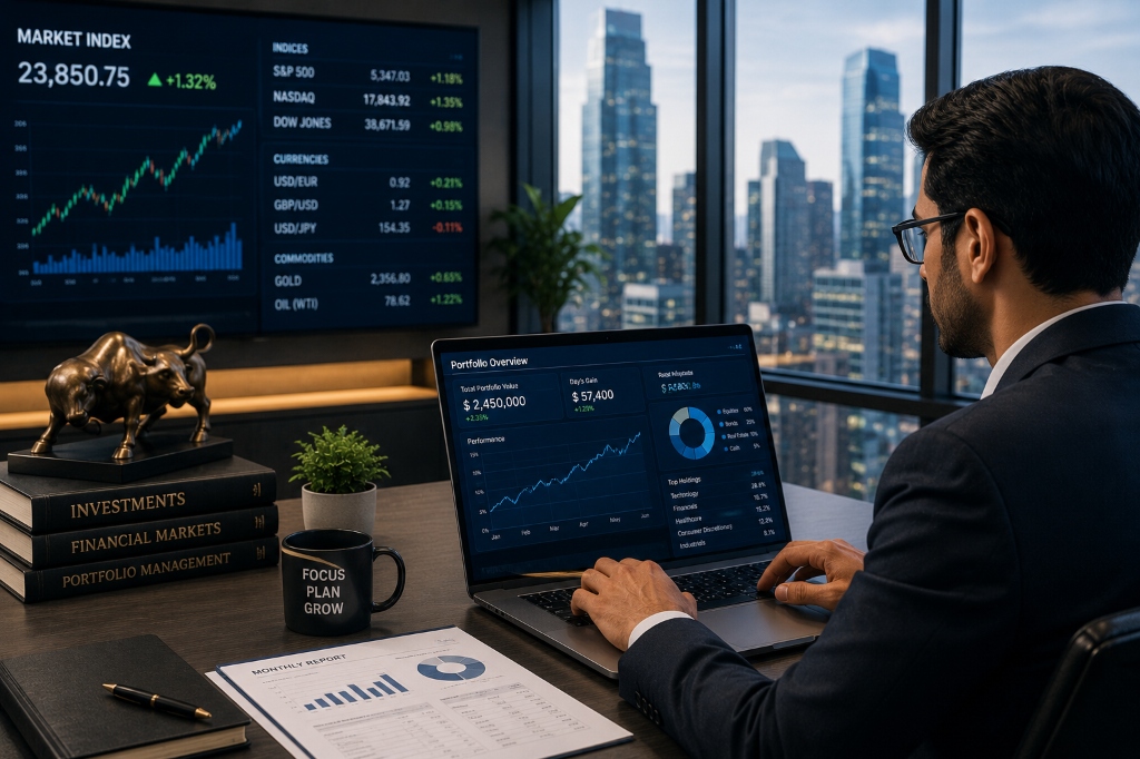 Financial analyst working on multiple screens