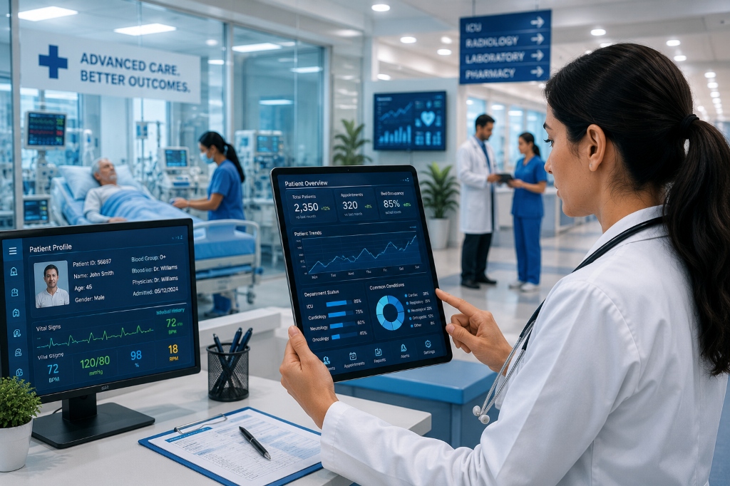 Medical professionals analyzing data on a futuristic display
