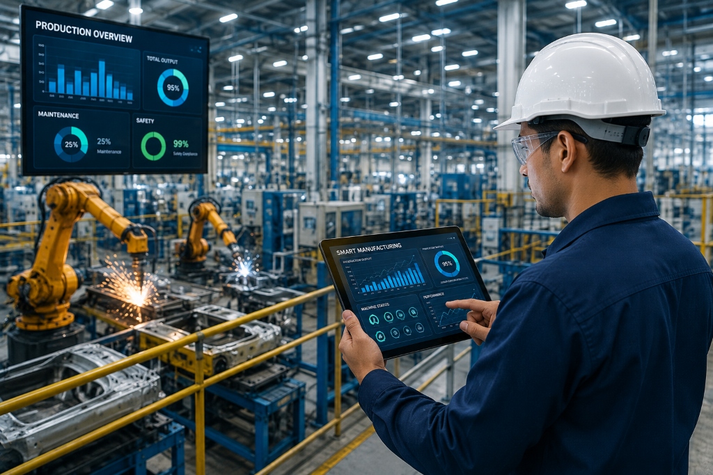 Engineer monitoring robotic arms in a manufacturing plant
