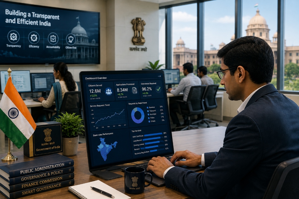 Government official working on a public administration dashboard with the Indian flag