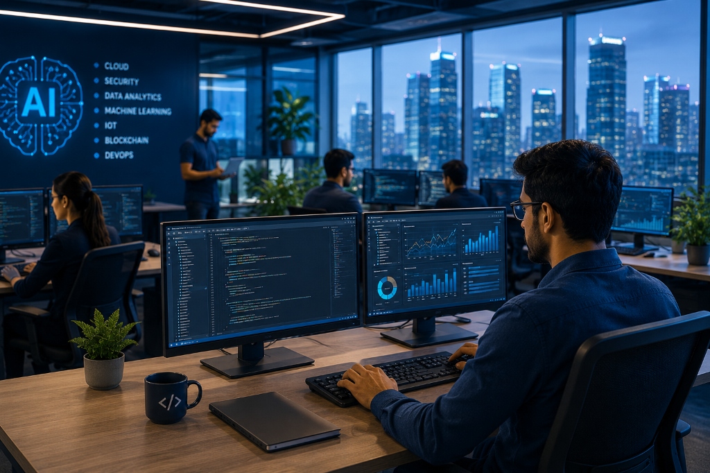 Technology professionals in a modern server room