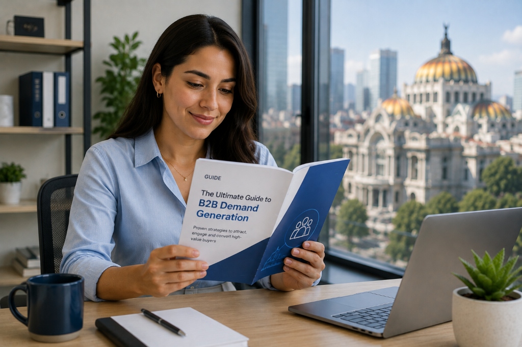 Woman reading demand generation guide