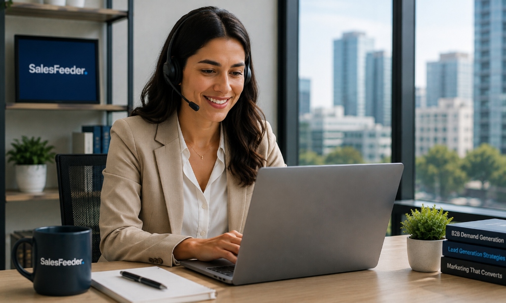 SalesFeeder customer support representative wearing a headset